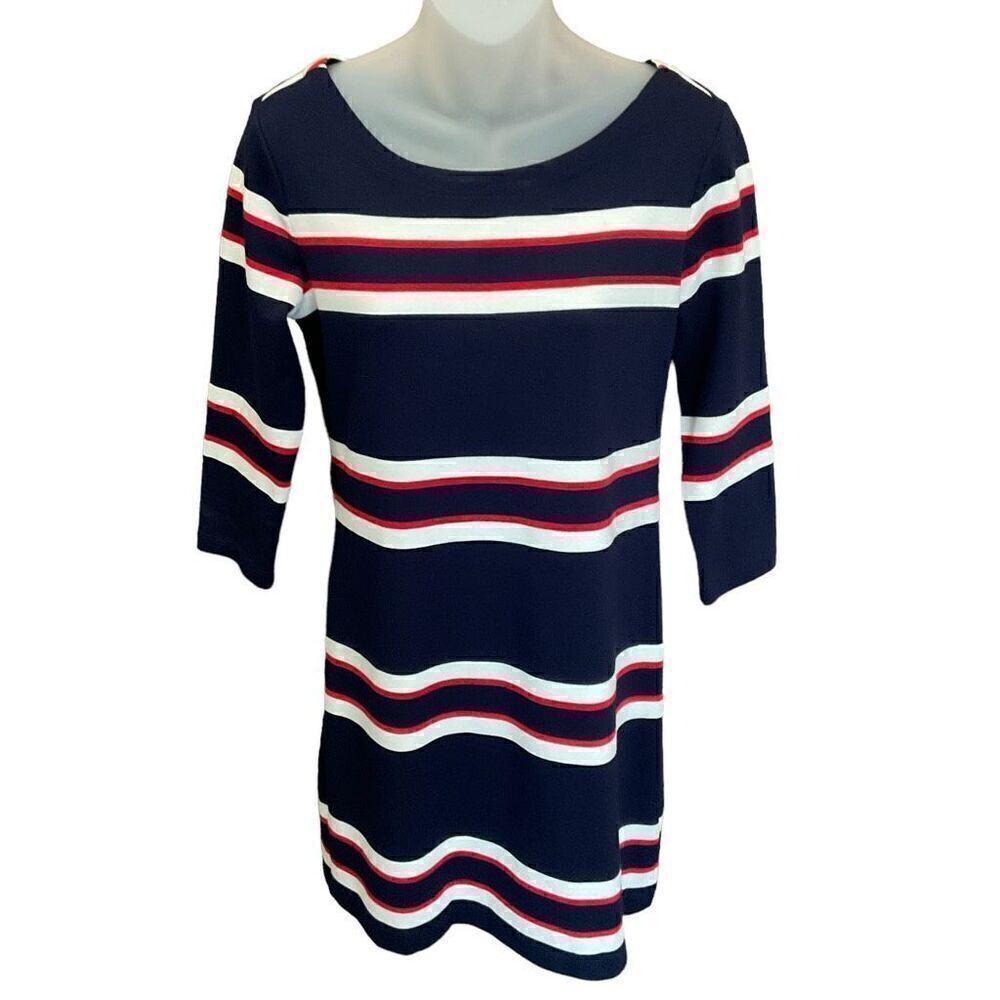 GAP Dress Striped Knee Length Tunic Blue Red White 3/4 Sleeve Boat Neck XS